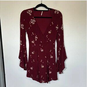 Free People Bell Sleeve Boho Floral Embroidered Burgundy Long‎ Sleeve Dress 12